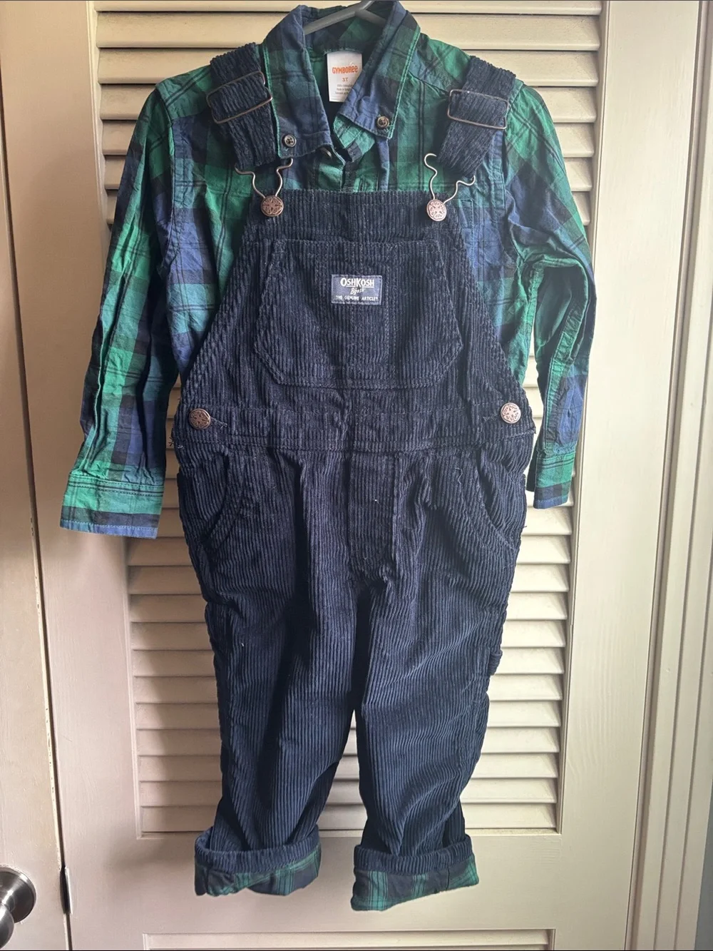 OshKosh B'gosh Navy Corduroy Overalls with Green & Blue Plaid Shirt